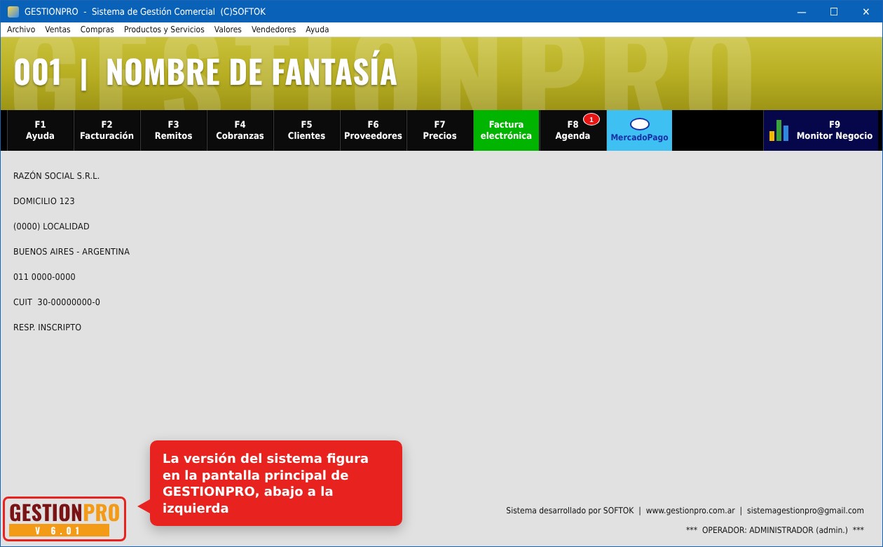Pantalla principal de GESTIONPRO con el número de versión 6.01 abajo a la izquierda